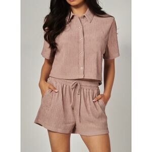 Crinkled Plisse Button Down Shirt Loungewear Shorts Set